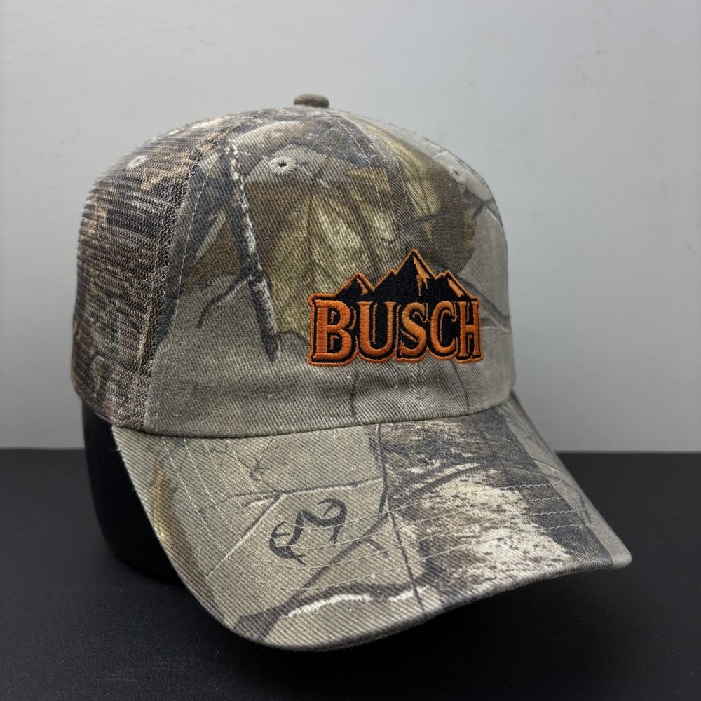 Vintage Y2K Busch Beer RealTree Camo Mesh Back Trucker Strapback Hat Beer Promo